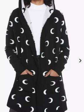 Hot Topic Celestial Crescent Moon Hooded Knit Cardigan Sweater Black White M